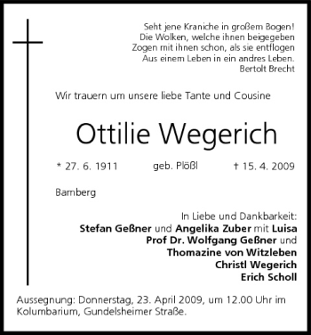Anzeige von Ottilie Wegerich von MGO