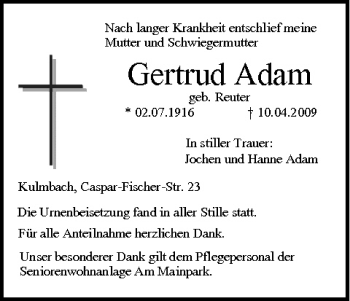 Anzeige von Gertrud Adam von MGO