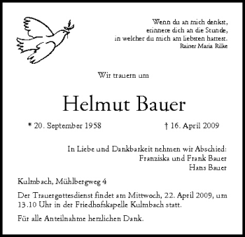 Anzeige von Helmut Bauer von MGO