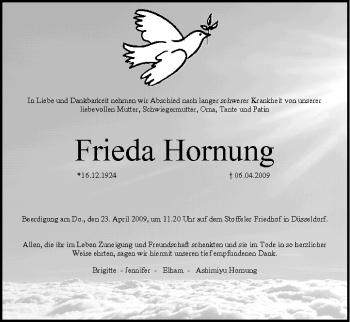 Anzeige von Frieda Hornung von MGO