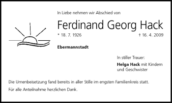 Anzeige von Ferdinand Georg Hack von MGO
