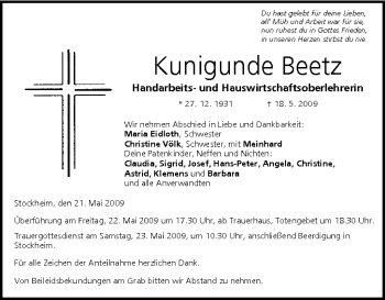 Anzeige von Kunigunde Betz von MGO