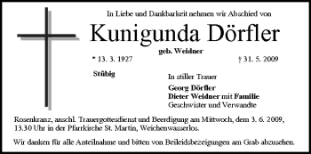 Anzeige von Kunigunda Dörfler von MGO
