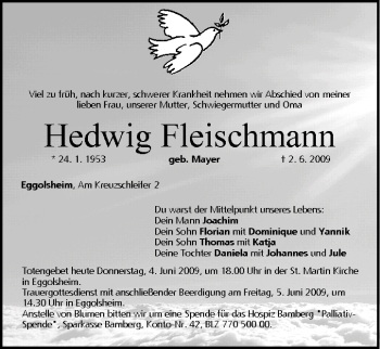 Anzeige von Hedwig Fleischmann von MGO