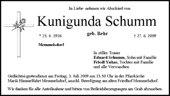 Anzeige von Kunigunda Schumm von MGO