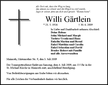 Anzeige von Willi Gärtlein von MGO