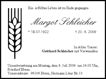 Anzeige von Margot Schleicher von MGO