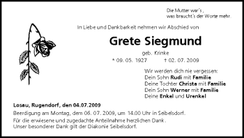 Anzeige von Grete Siegmund von MGO