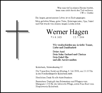 Anzeige von Werner Hagen von MGO