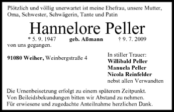 Anzeige von Hannelore Peller von MGO