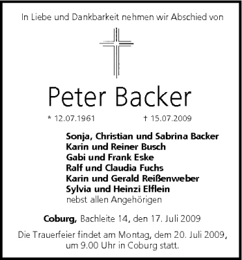 Anzeige von Peter Backer von MGO