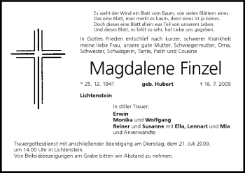 Anzeige von Magdalene Finzel von MGO