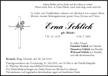 Anzeige von Erna Schlick von MGO
