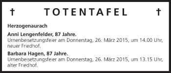 Anzeige von Totentafel 24.03.2015 von MGO