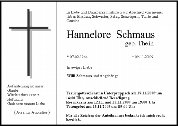 Anzeige von Hannelore Schmaus von MGO