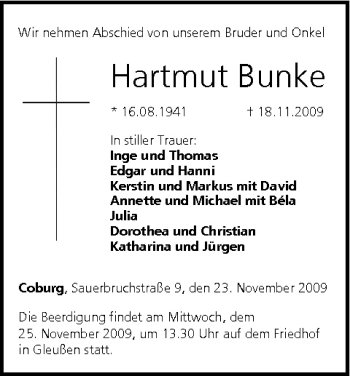 Anzeige von Hartmut Bunke von MGO