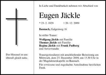 Anzeige von Eugen Jäckle von MGO