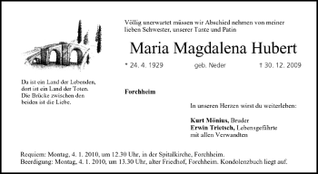 Anzeige von Maria Magdalena Hubert von MGO