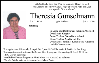 Anzeige von Theresia Gunselmann von MGO