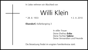 Anzeige von Willi Klein von MGO