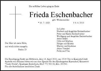 Anzeige von Frieda Eschenbacher von MGO