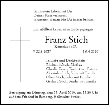Anzeige von Franz Stich von MGO
