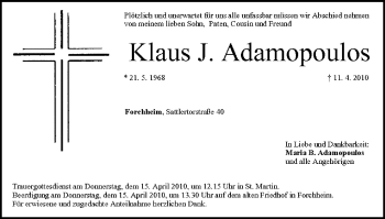 Anzeige von Klaus Adamopoulos von MGO