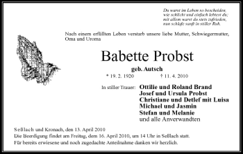 Anzeige von Babette Probst von MGO