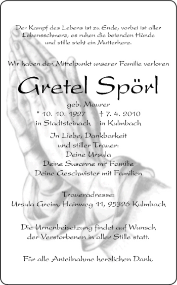 Anzeige von Gretel Spörl von MGO