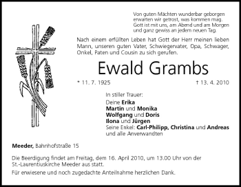 Anzeige von Ewald Grambs von MGO