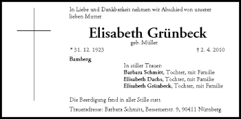 Anzeige von Elisabeth Grünbeck von MGO