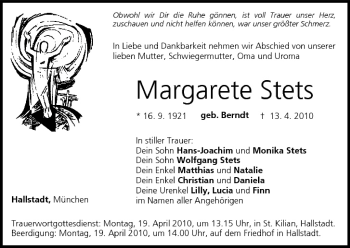 Anzeige von Margarete Stets von MGO