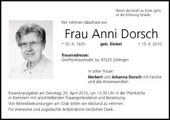 Anzeige von Anni Dorsch von MGO