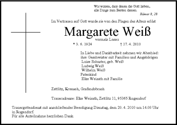 Anzeige von Margarete Weiß von MGO