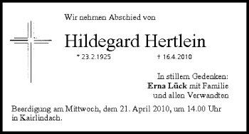 Anzeige von Hildegard Hertlein von MGO
