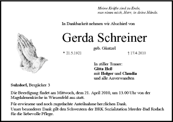Anzeige von Gerda Schreiner von MGO