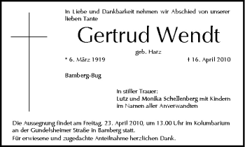 Anzeige von Gertrud Wendt von MGO