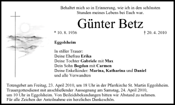 Anzeige von Günter Betz von MGO
