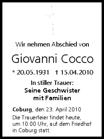 Anzeige von Giovanni Cocco von MGO