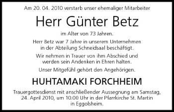 Anzeige von Günter Betz von MGO