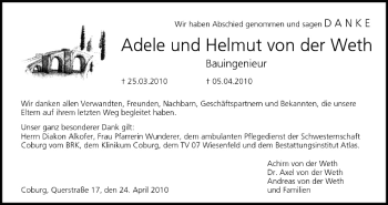 Anzeige von Adele und Helmut von der Weth von MGO