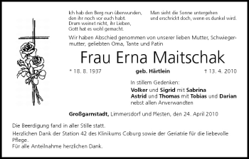 Anzeige von Erna Maitschak von MGO