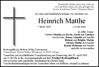 Anzeige von Heinrich Matthe von MGO