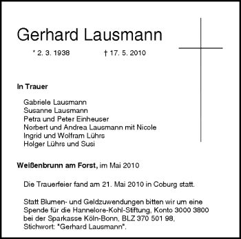Anzeige von Gerhard Lausmann von MGO