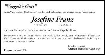 Anzeige von Josefine Franz von MGO