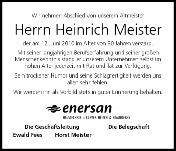Anzeige von Heinrich Meister von MGO