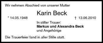 Anzeige von Karin Beck von MGO