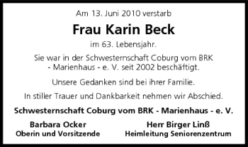 Anzeige von Karin Beck von MGO