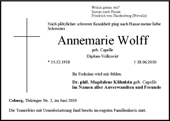 Anzeige von Annemarie Wolff von MGO