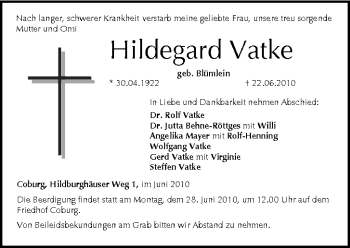 Anzeige von Hildegard Vatke von MGO